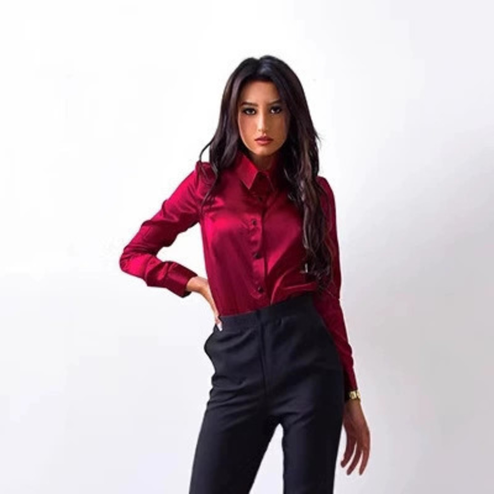 H&M Elegant Satin Slim Fit Long Sleeve Lapel Cardigan Blouse for Women